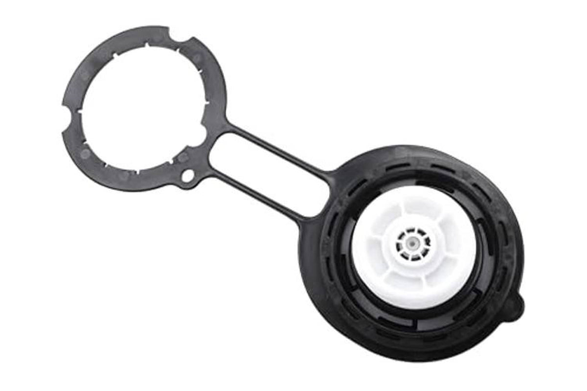 Fuel tank filler cap with dark housing and white internal ring