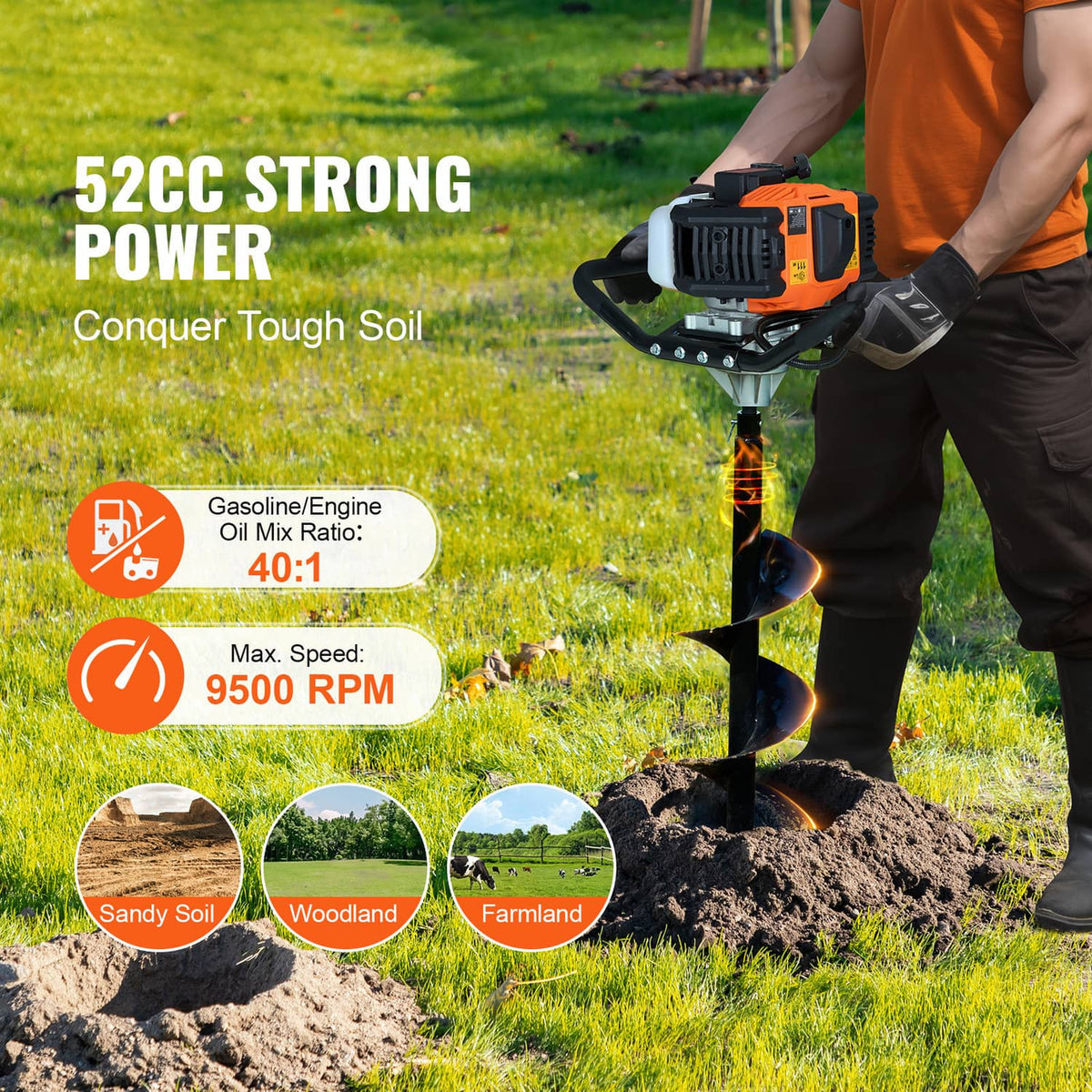 Gas post hole digger driven into soil by an auger spiral bit