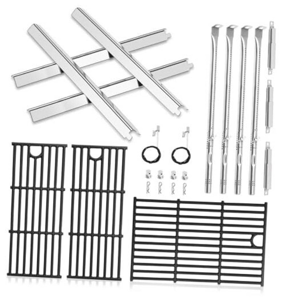 Stainless steel grill burner tube set with mounting hardware, grates, and igniter parts