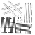 Stainless steel grill burner tube set with mounting hardware, grates, and igniter parts