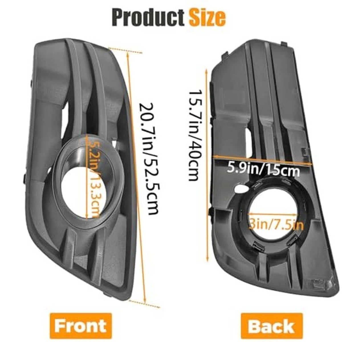 Black front and rear fog light grille insert covers with round openings, size shown