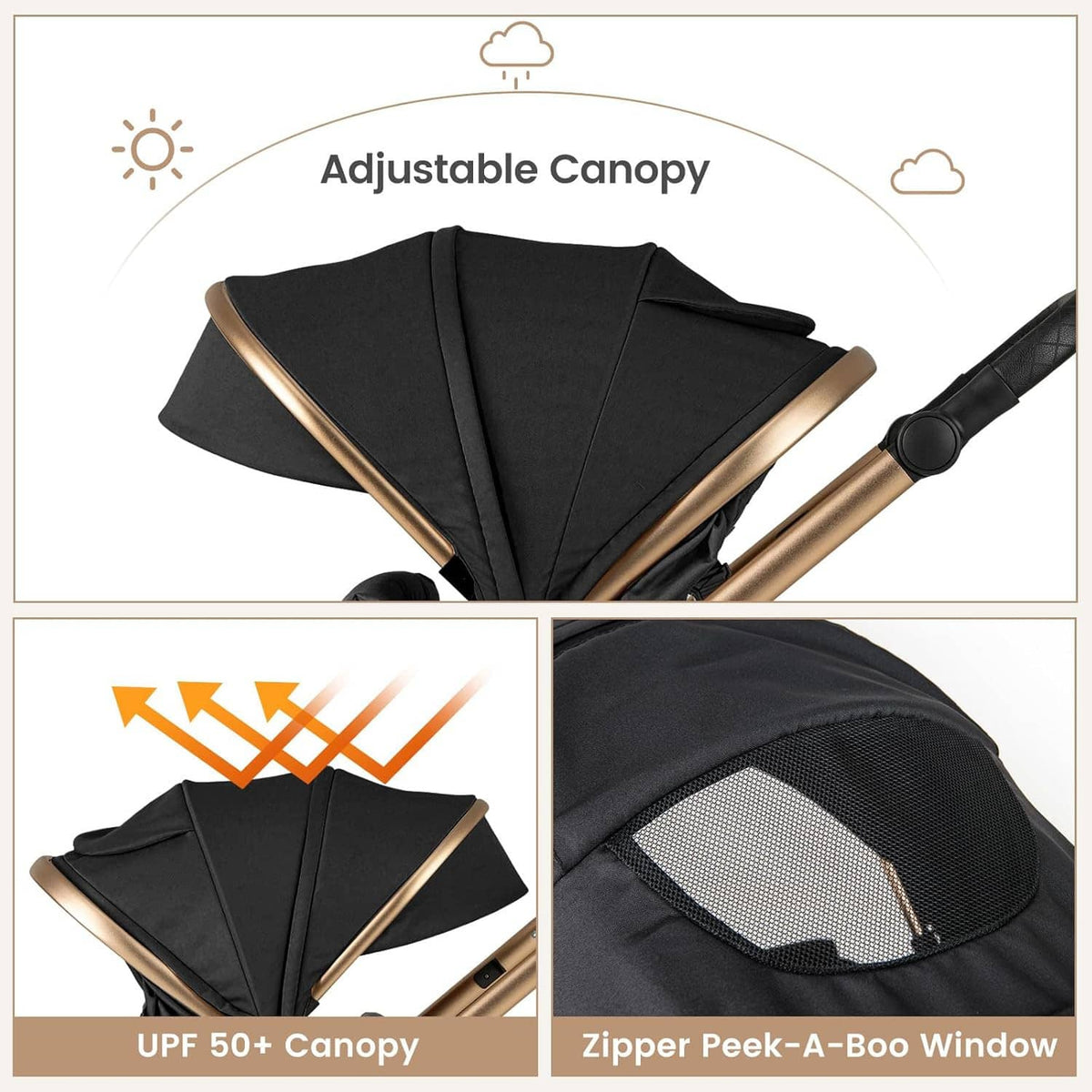 Black stroller canopy with gold frame and peek-a-boo window feature detail