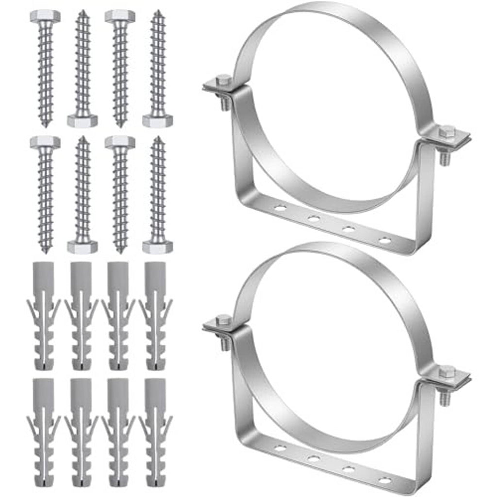 Stainless steel split-ring pipe hanger bracket set with mounting bolts and wall anchors