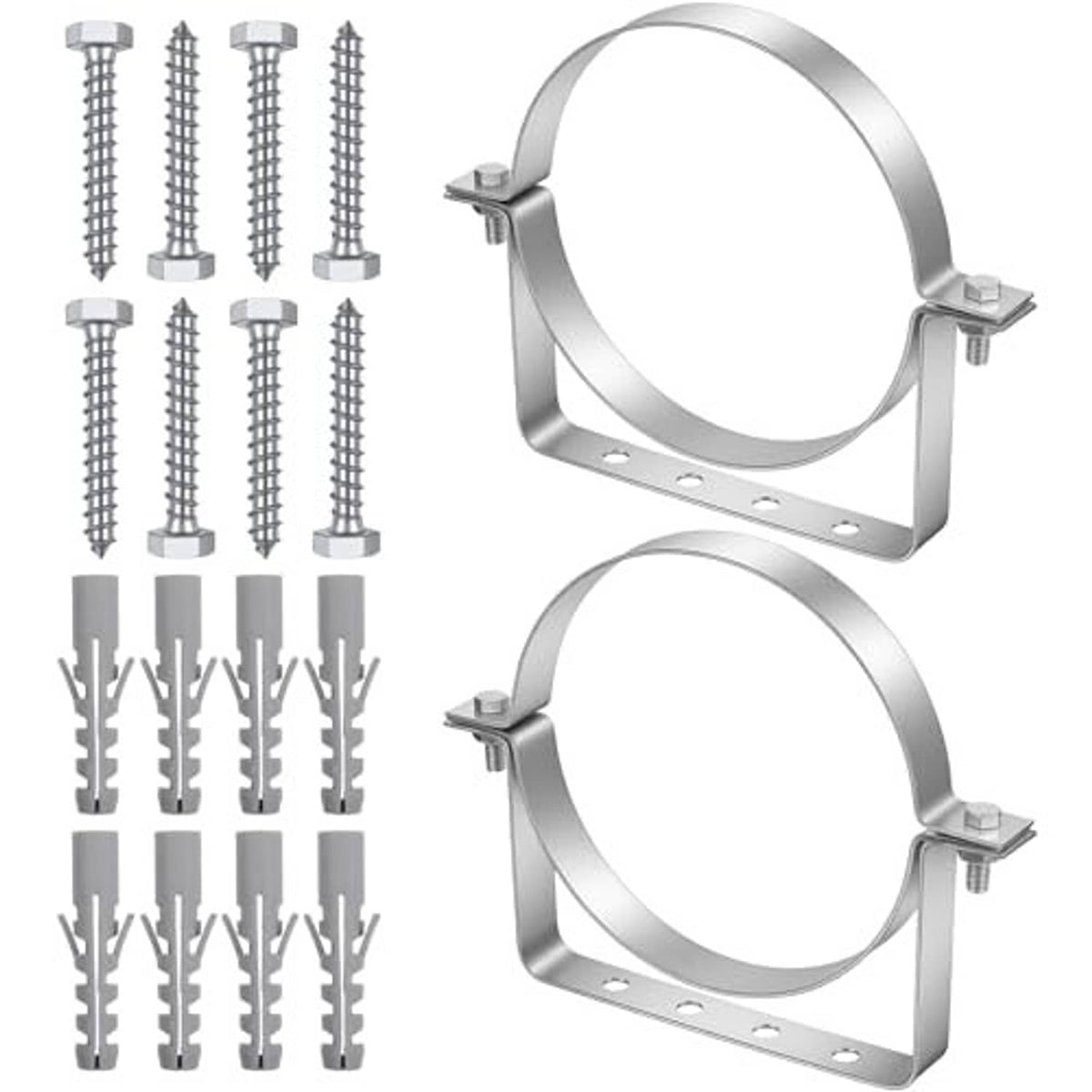 Stainless steel split-ring pipe hanger bracket set with mounting bolts and wall anchors