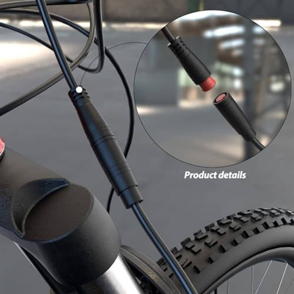 E-brake cable connection detail on handlebar with black wires and red connector tips