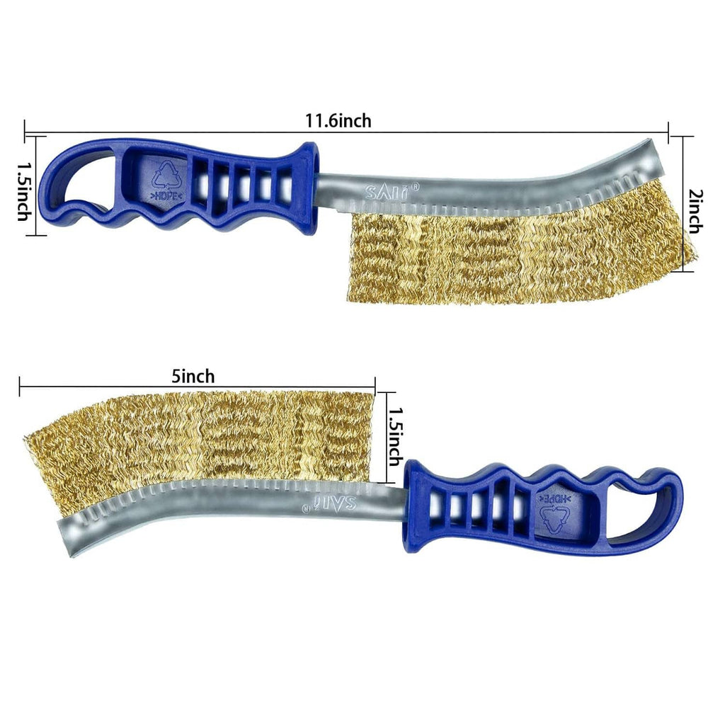 11.6-inch wire brush with gold bristles, blue handle and silver metal head; length labeled