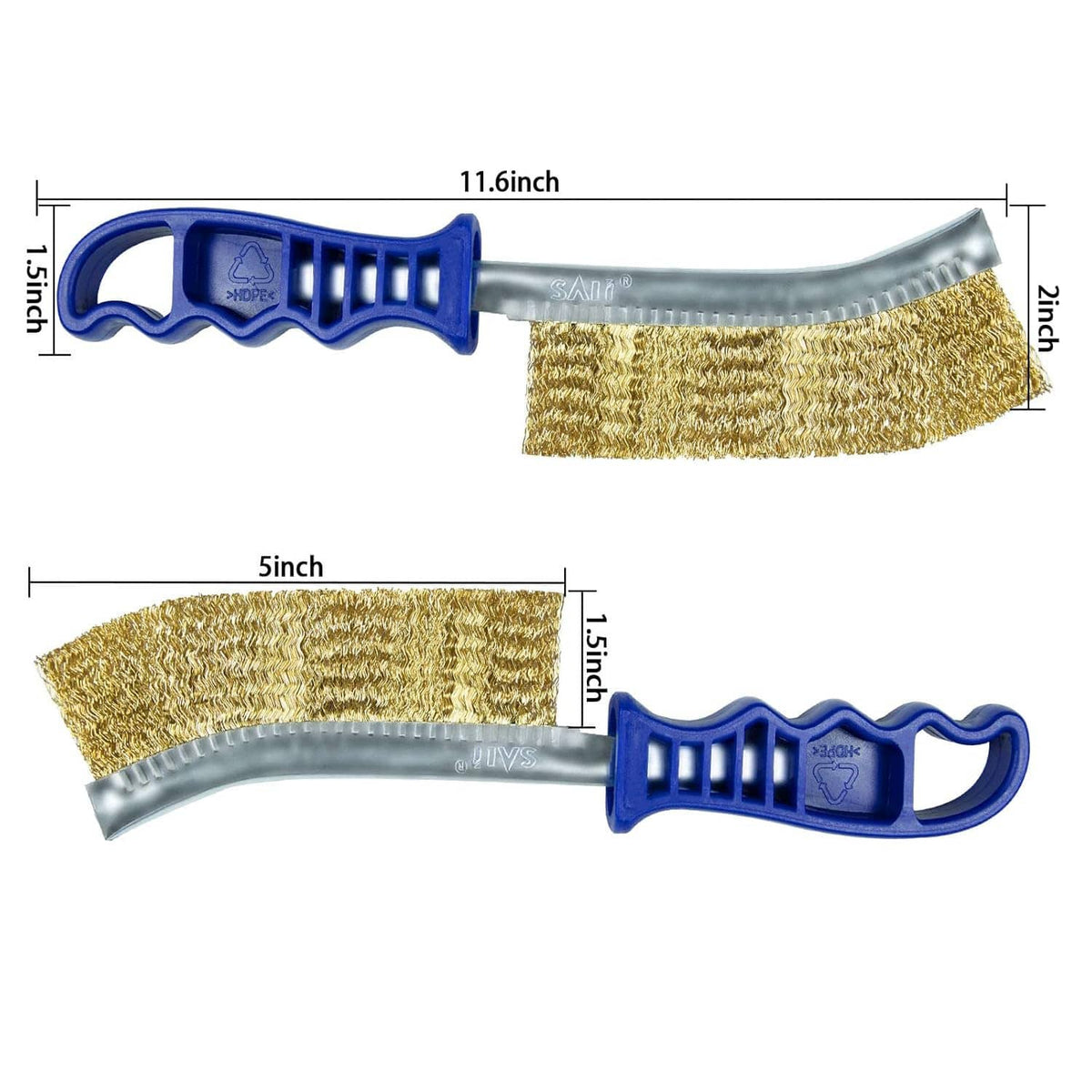 11.6-inch wire brush with gold bristles, blue handle and silver metal head; length labeled