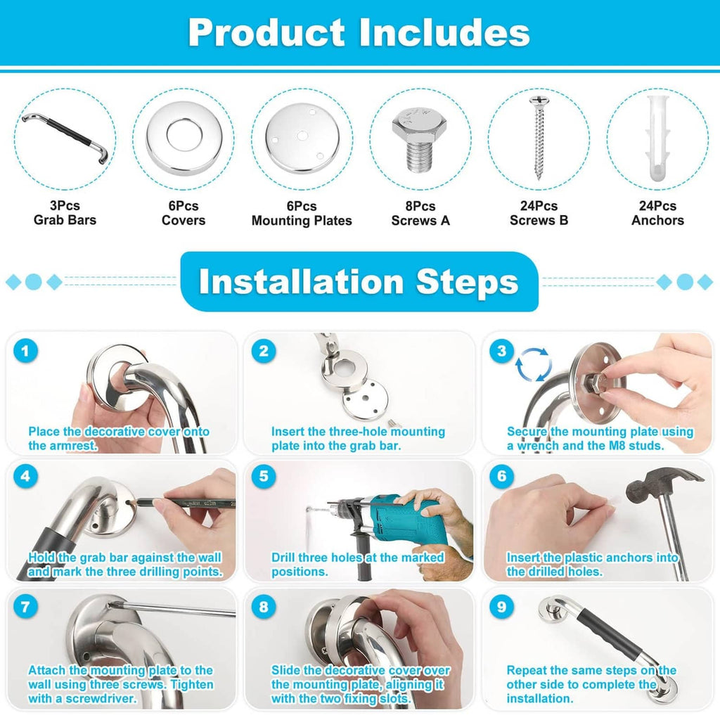 Grab bar kit including black bars, mounting plates, screws, and plastic wall anchors