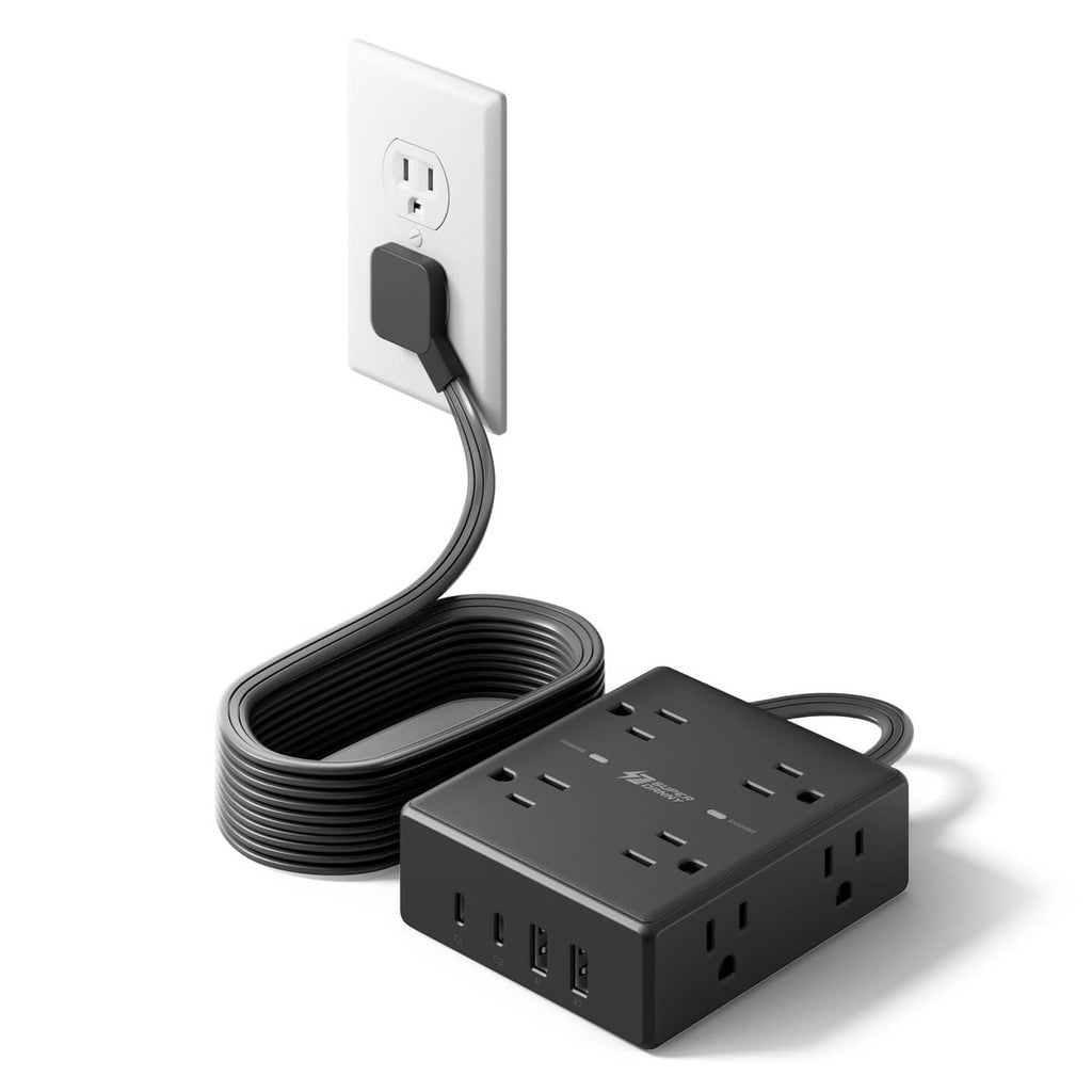 Black power strip with multi-outlet block and coiled long flat extension cord