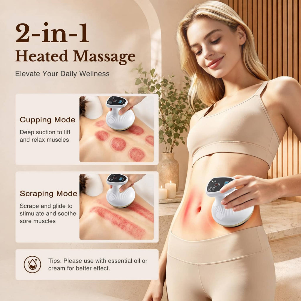 White heated cupping massage tool held in hand for upper body