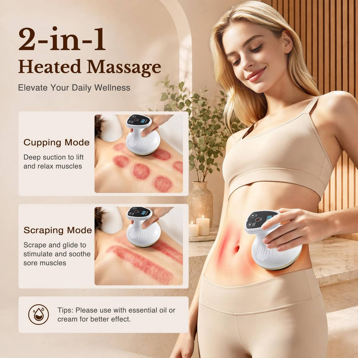 White heated cupping massage tool held in hand for upper body