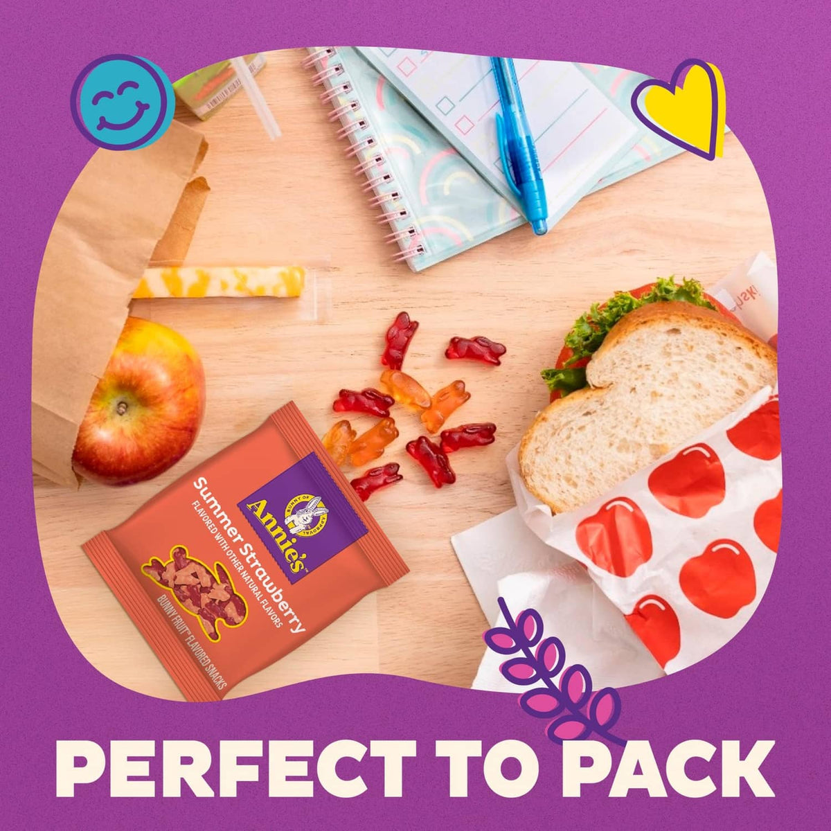 Annie's bunny fruit snack pouches placed with lunch items for packing