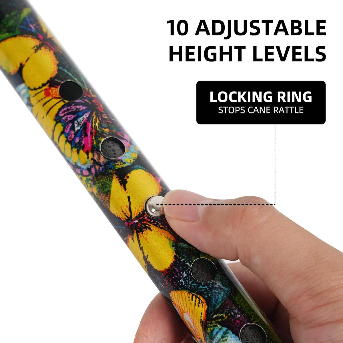 Floral cane grip with locking ring on the tube to stop rattling and secure height