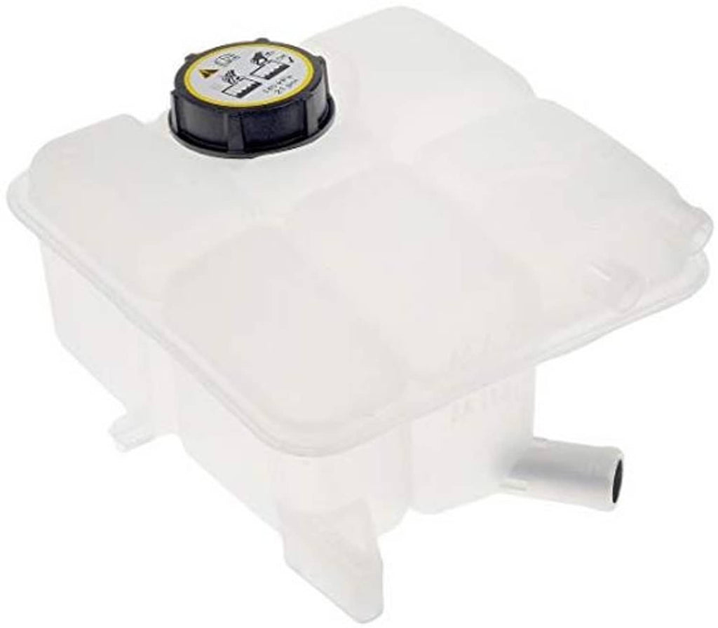 Pressurized coolant reservoir with yellow cap top, translucent white plastic, side outlet tube