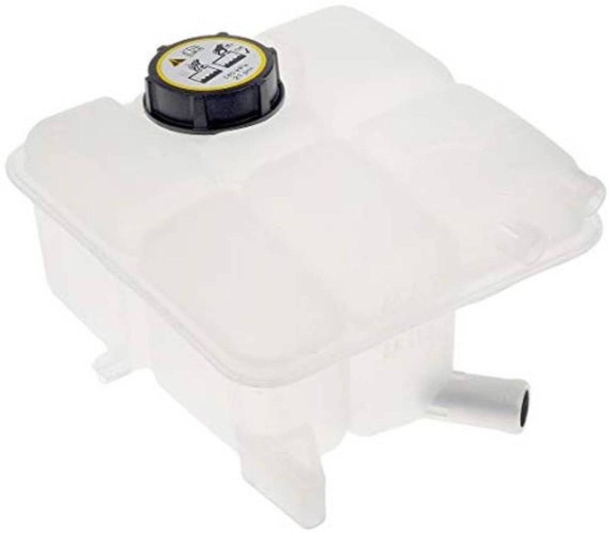 Pressurized coolant reservoir with yellow cap top, translucent white plastic, side outlet tube
