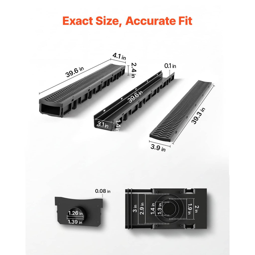 Linear drainage channel with grille, side openings, and end outlet, with size diagram view