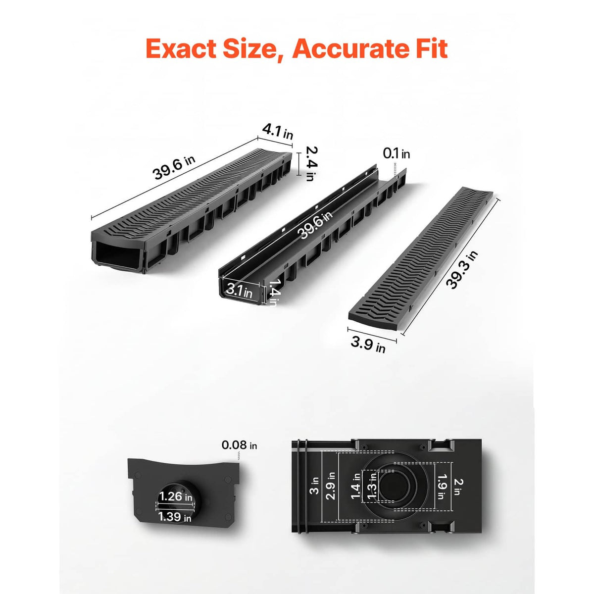 Linear drainage channel with grille, side openings, and end outlet, with size diagram view