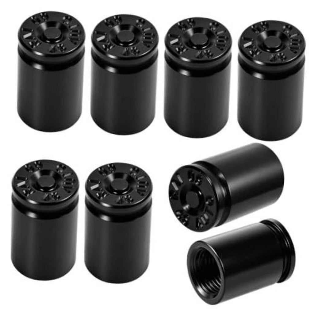 Black bullet-style tire valve stem caps set, multiple caps with textured top pattern