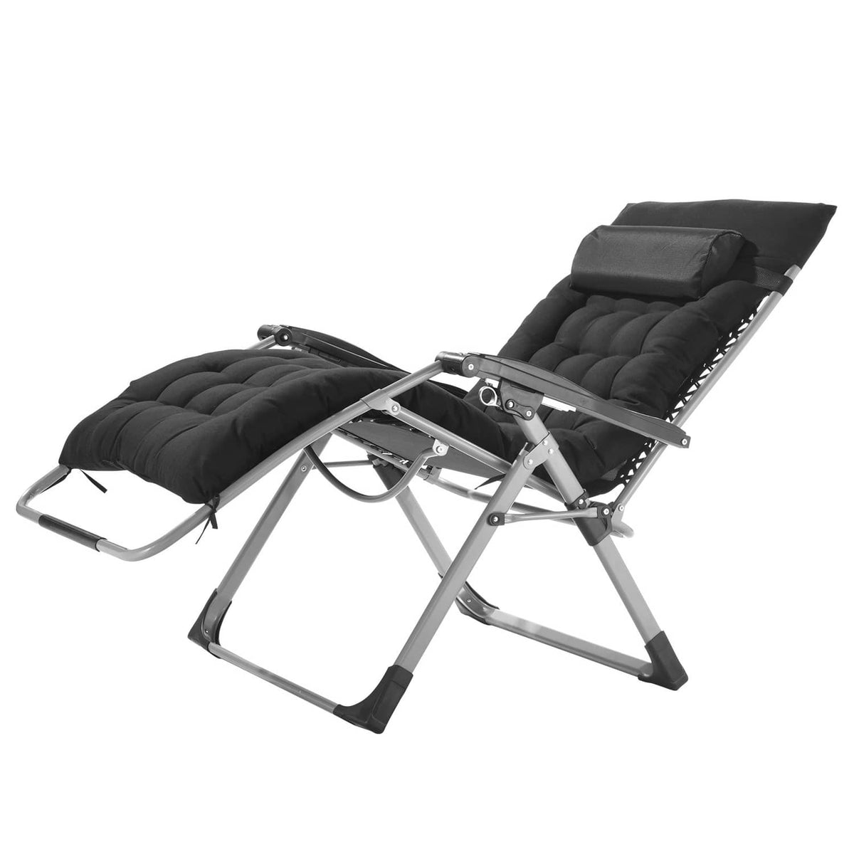Zero gravity lounge chair with black padded cushions and adjustable leg rest