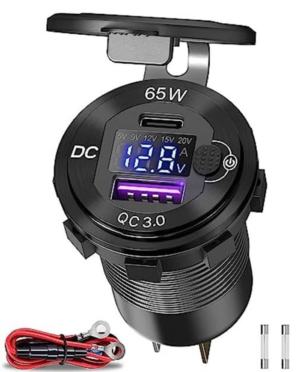 Black 65W DC USB charging outlet with QC3.0 port and blue LED readout, plug-in base