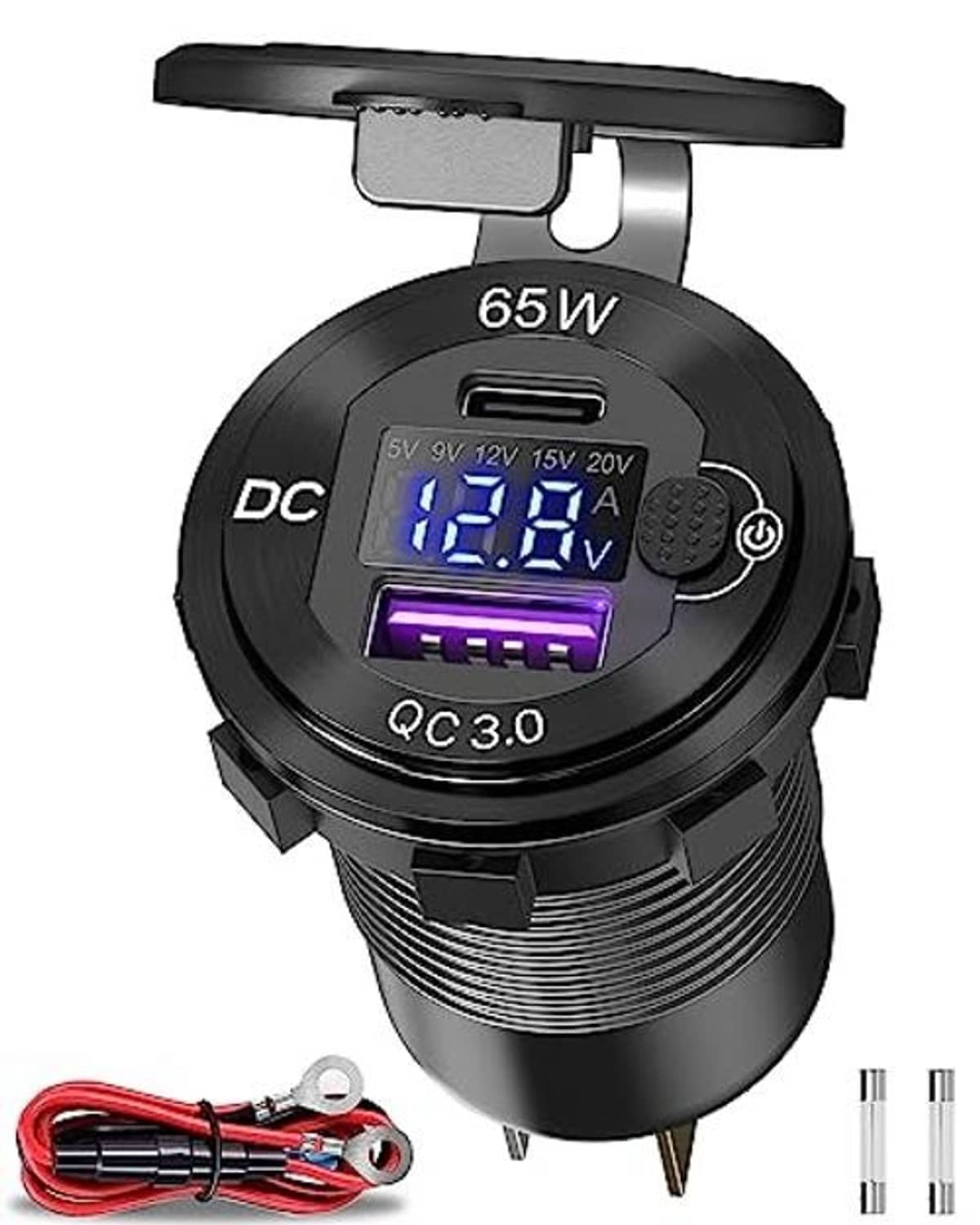 Black 65W DC USB charging outlet with QC3.0 port and blue LED readout, plug-in base