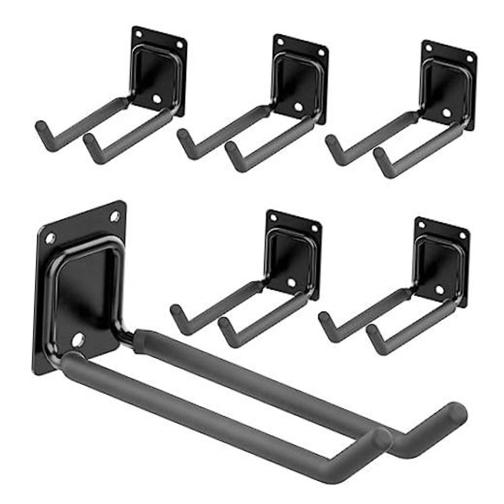 Set of six black garage storage hooks with curved arms and wall-mount plates