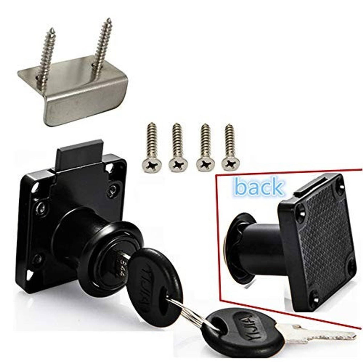 Black desktop lock cylinder with keys, screws, and metal mounting plate