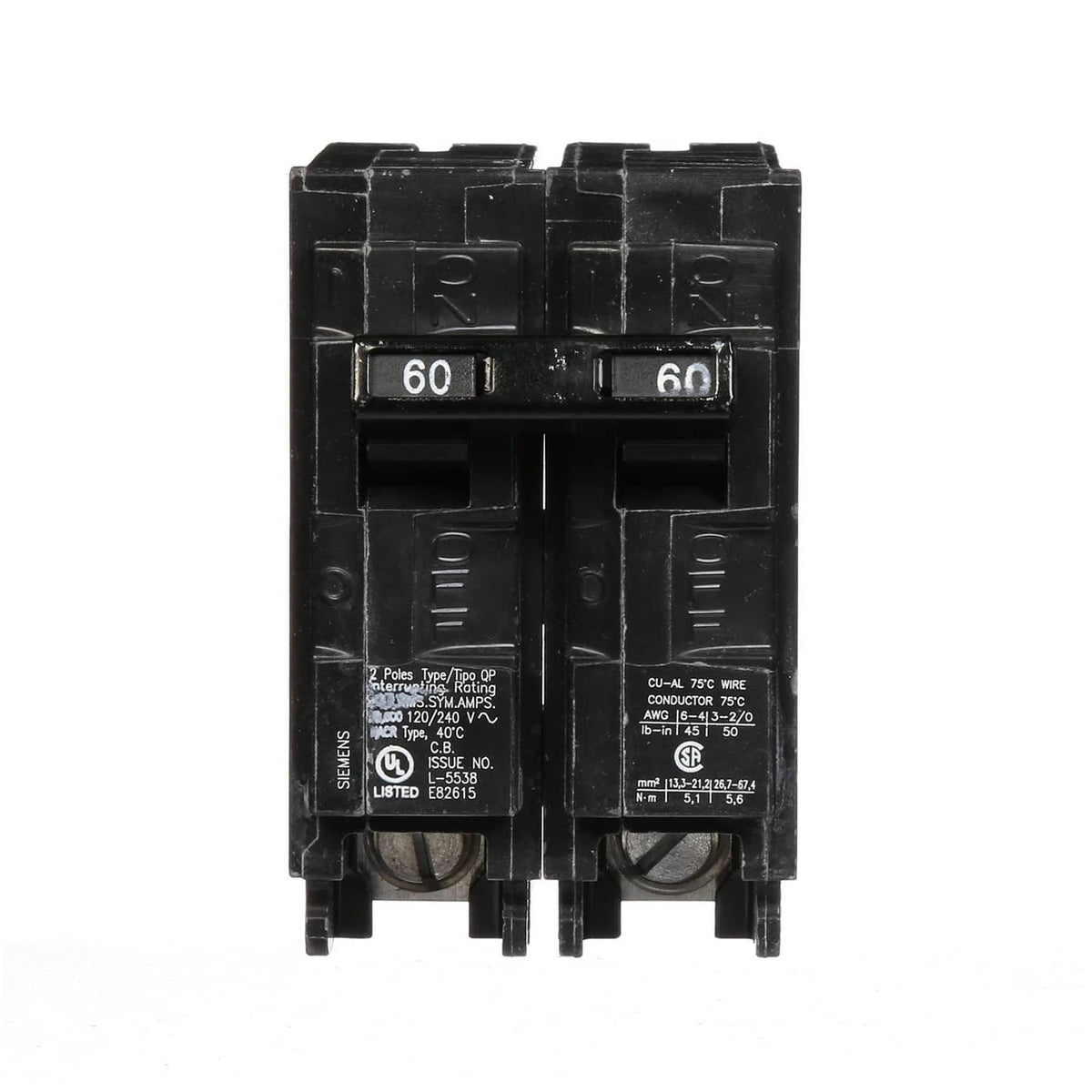 Siemens black Type QP double-pole circuit breaker, 60A, face shows 60/60 markings