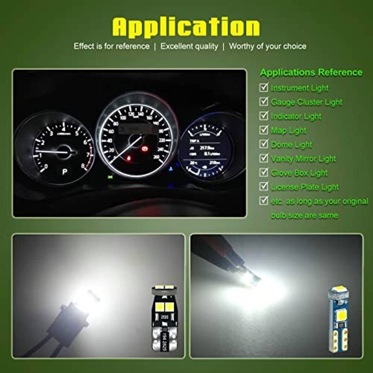 LED instrument bulbs used in dashboard lights, bright glow shown with socket bulbs