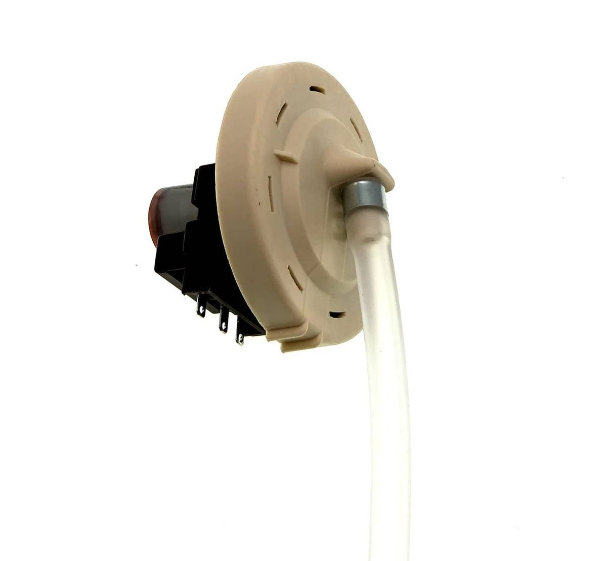 Washer pressure sensor assembly with beige housing and back-side electrical terminals