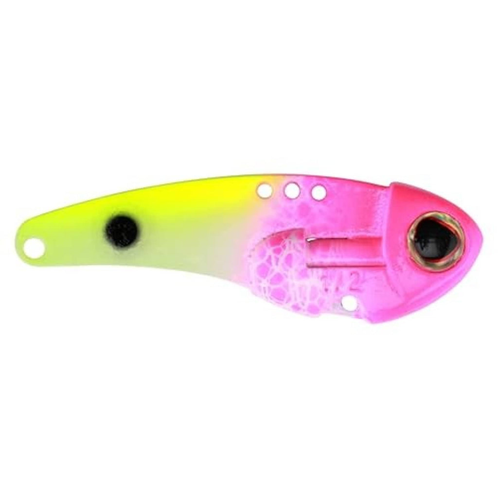 Blade bait fishing lure, lime green and pink with three mounting holes