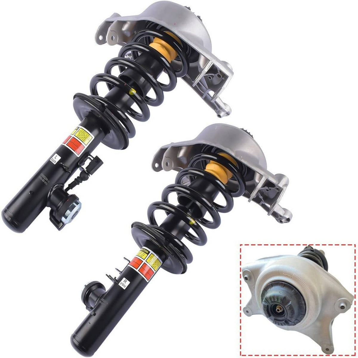 Pair of front shock struts with coil springs, silver brackets, and electric sensor wiring