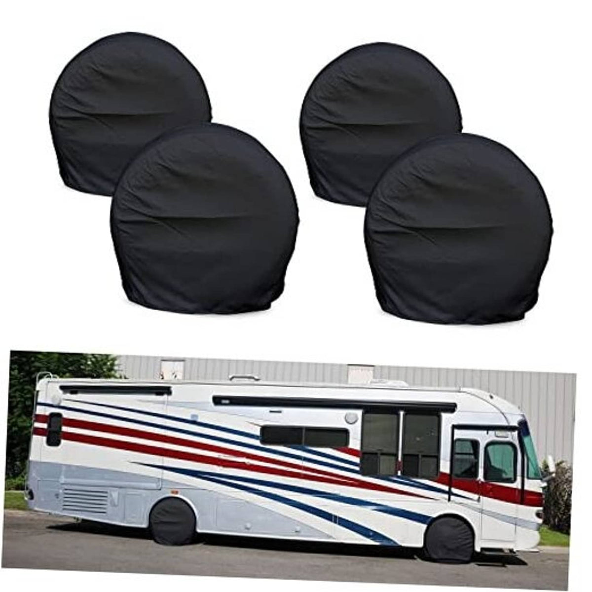 Set of 3 black RV wheel/tire covers with rounded domed shape and elastic look