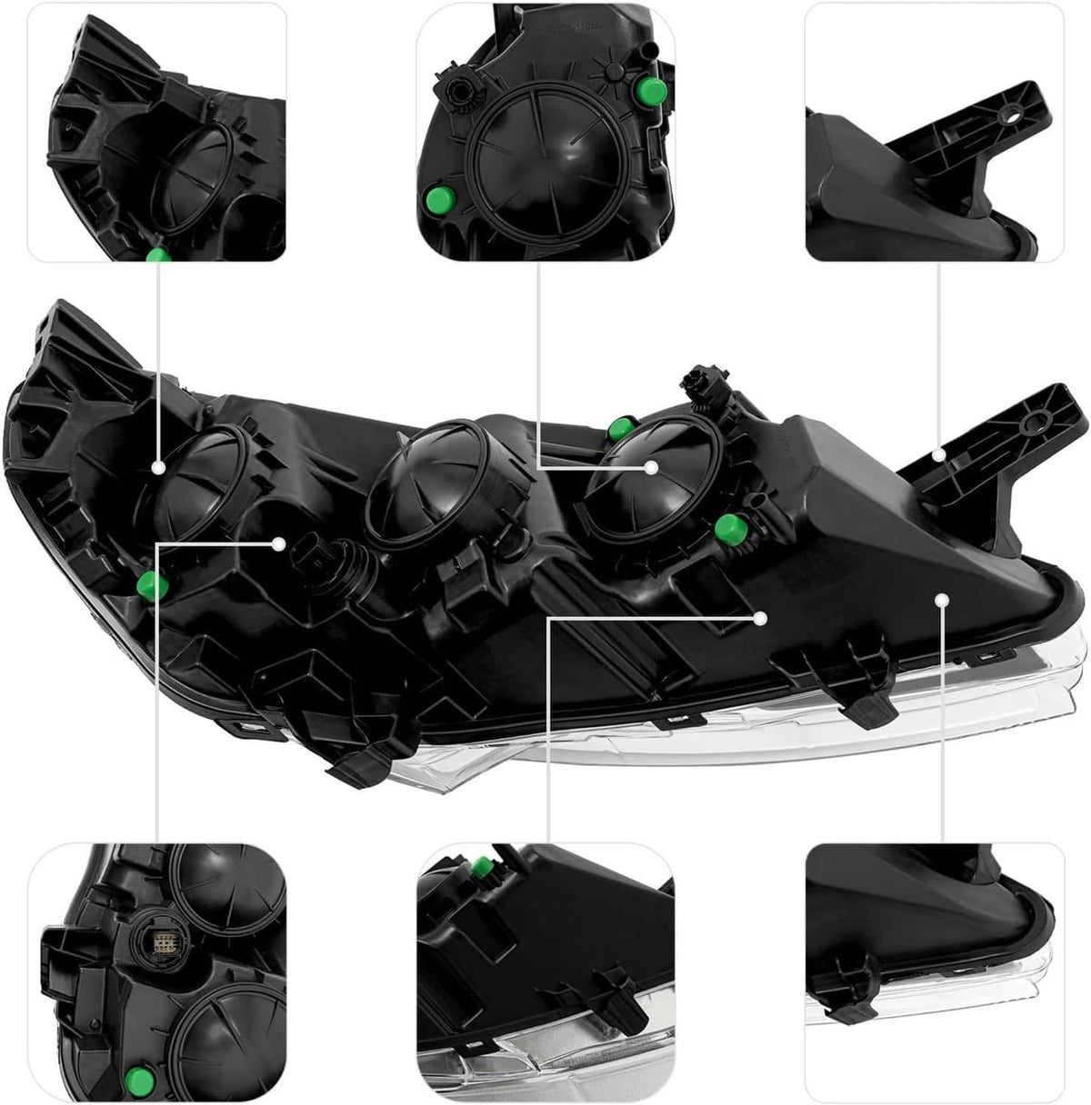 Left halogen headlight housing with internal components, black plastic with green alignment marks