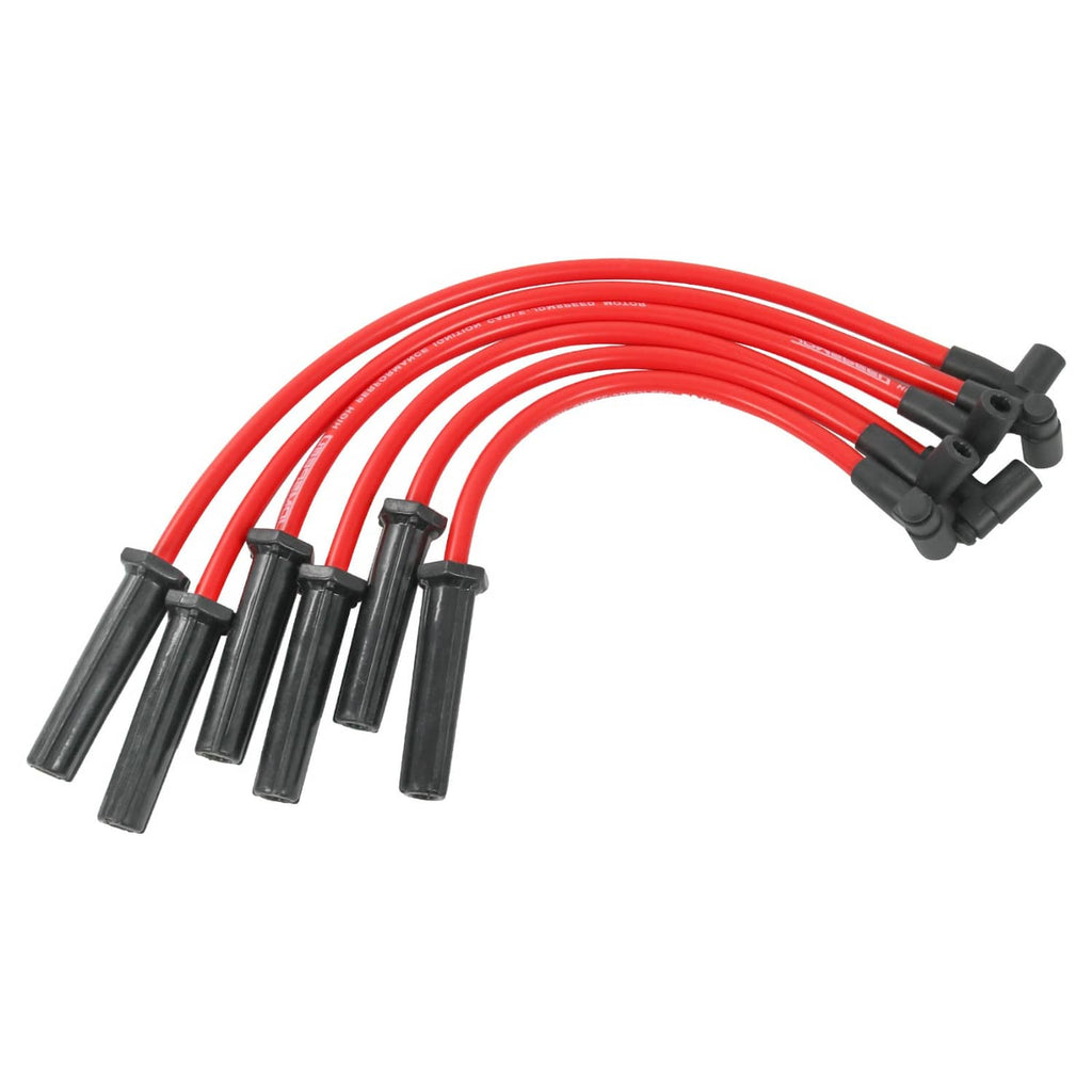 Red spark plug wire set with black boots and distributor-cap terminals bundle