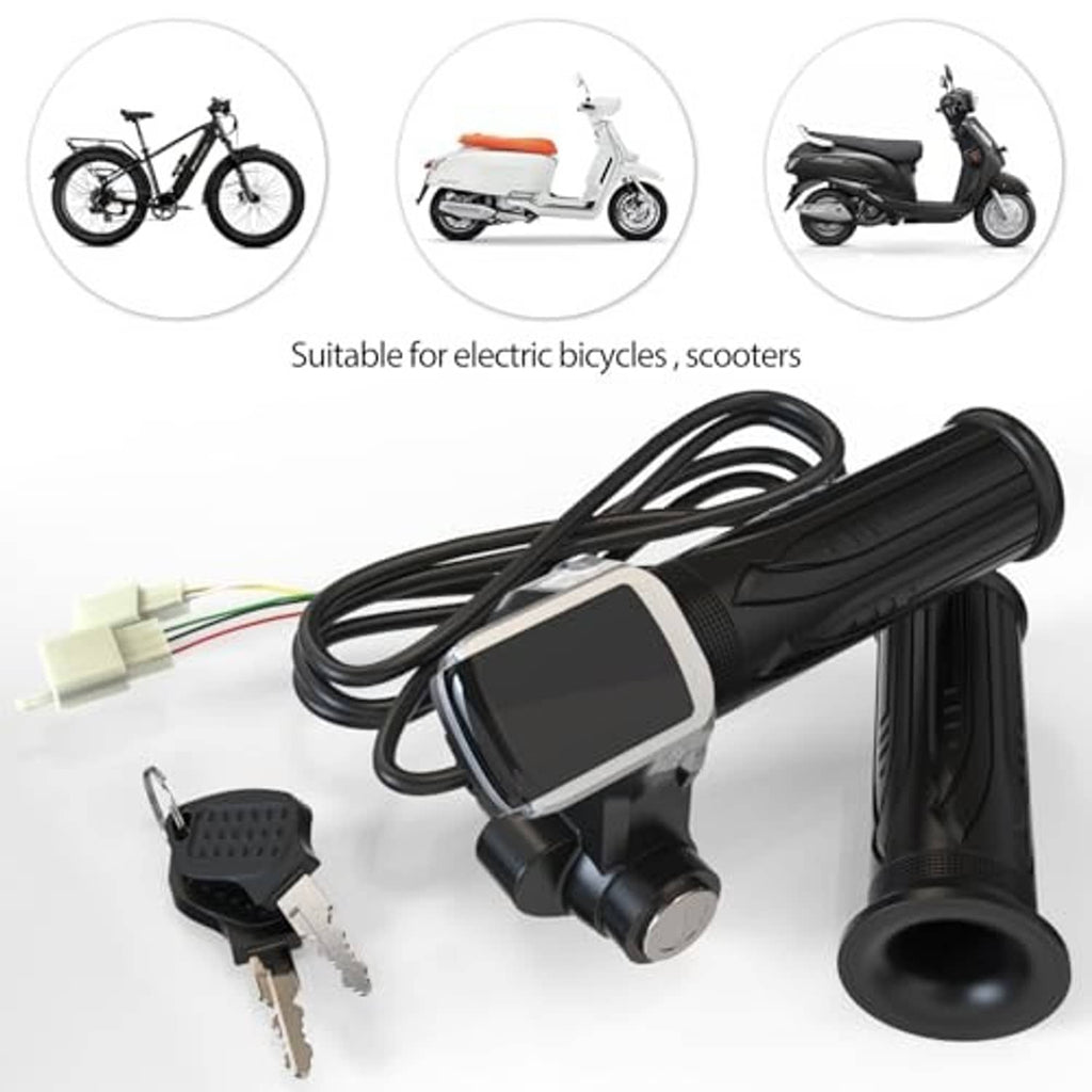 Electric bike twist throttle with LED display and textured black grips mounted on handlebar