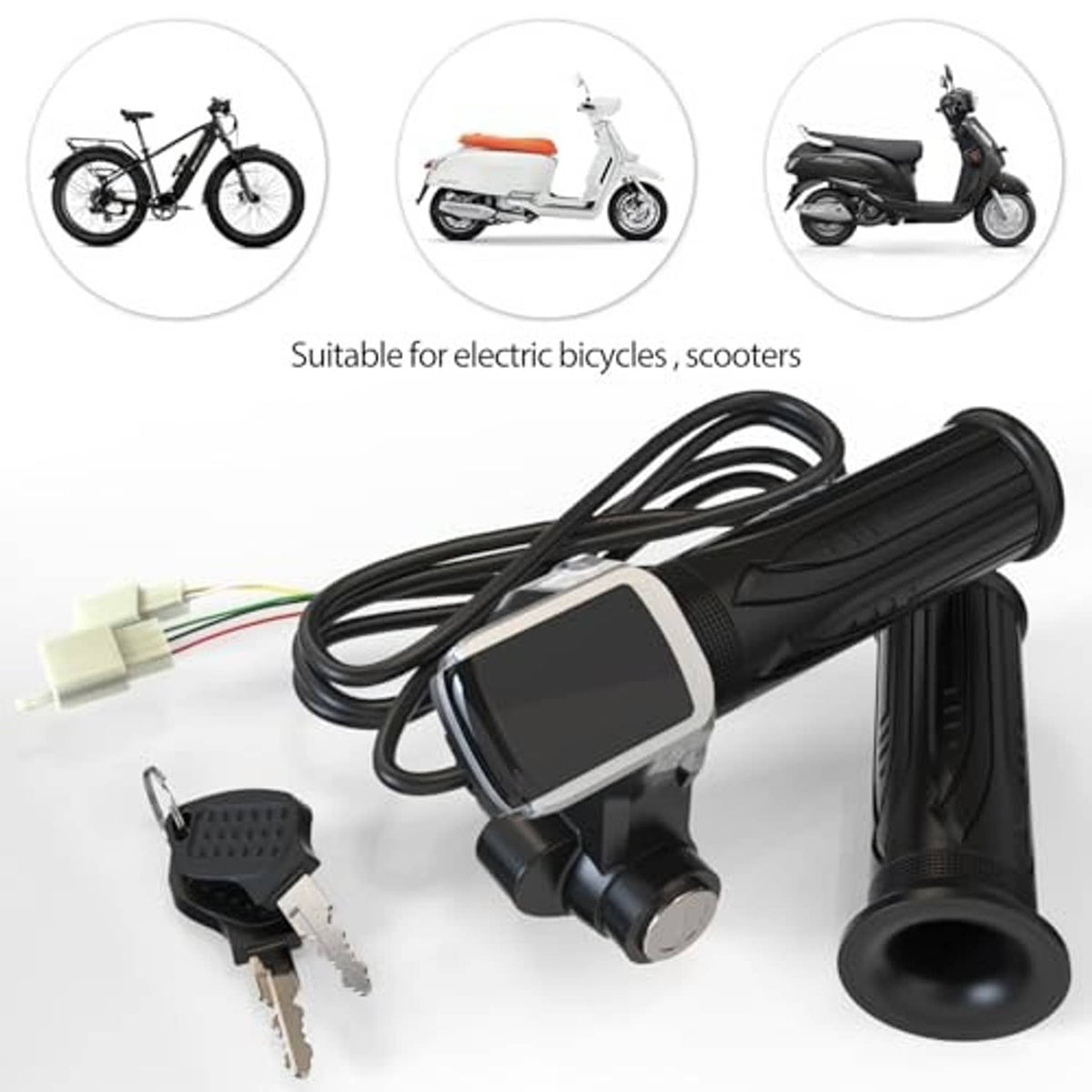 Electric bike twist throttle with LED display and textured black grips mounted on handlebar