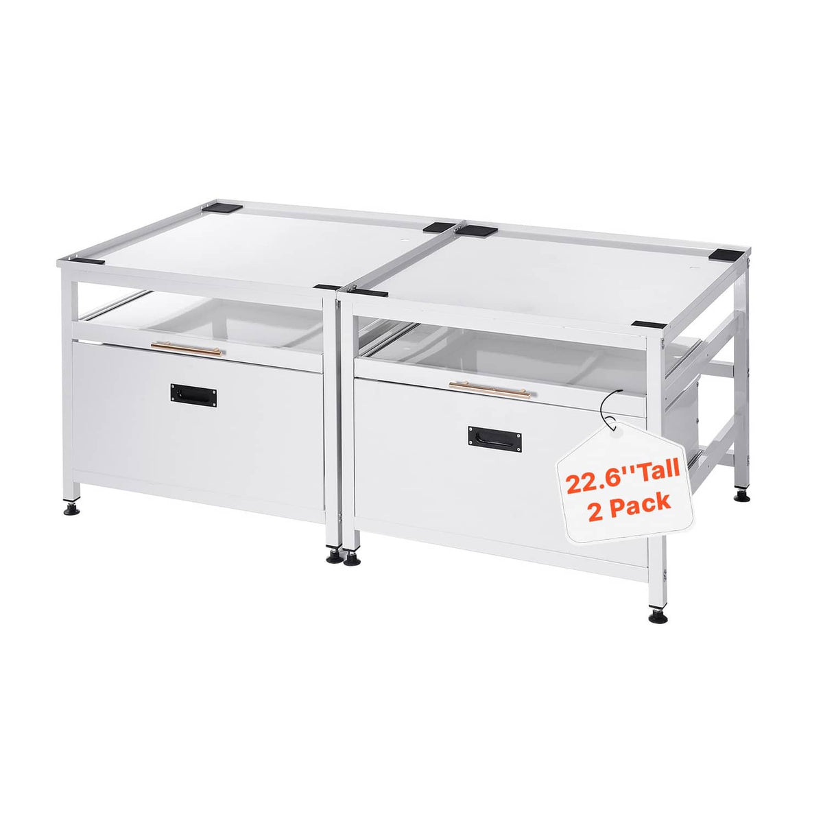 White laundry pedestal base with open tray and two drawers for organized laundry items