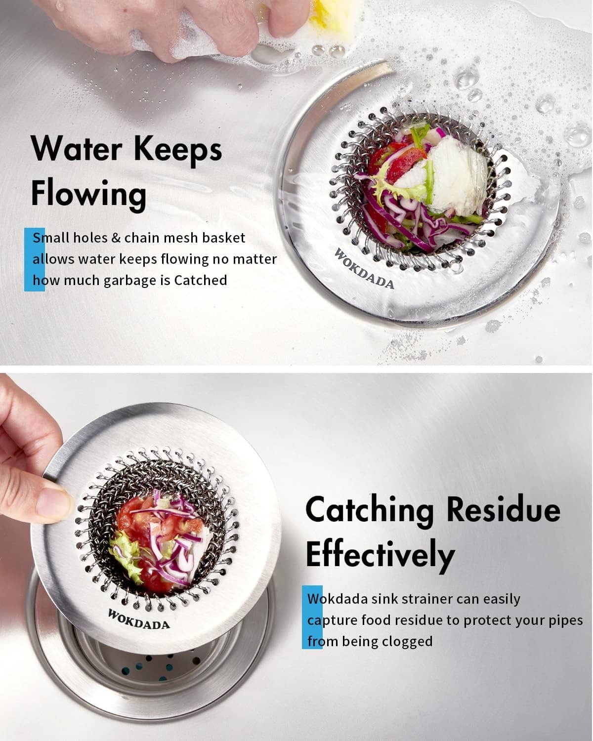 Round chain-mesh drain strainer catching food residue in sink water