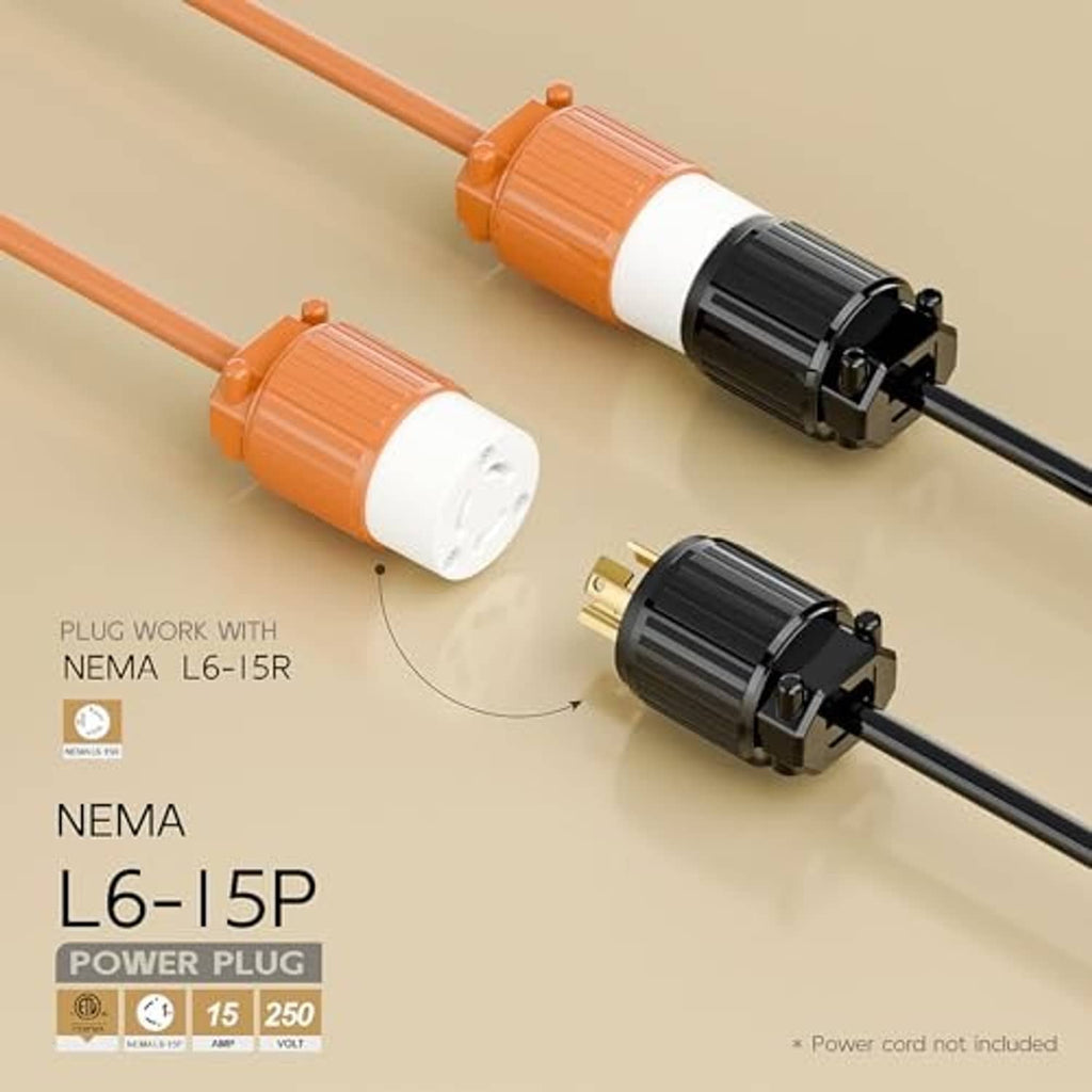Orange and white twist-lock power plug on cable with black connector end.