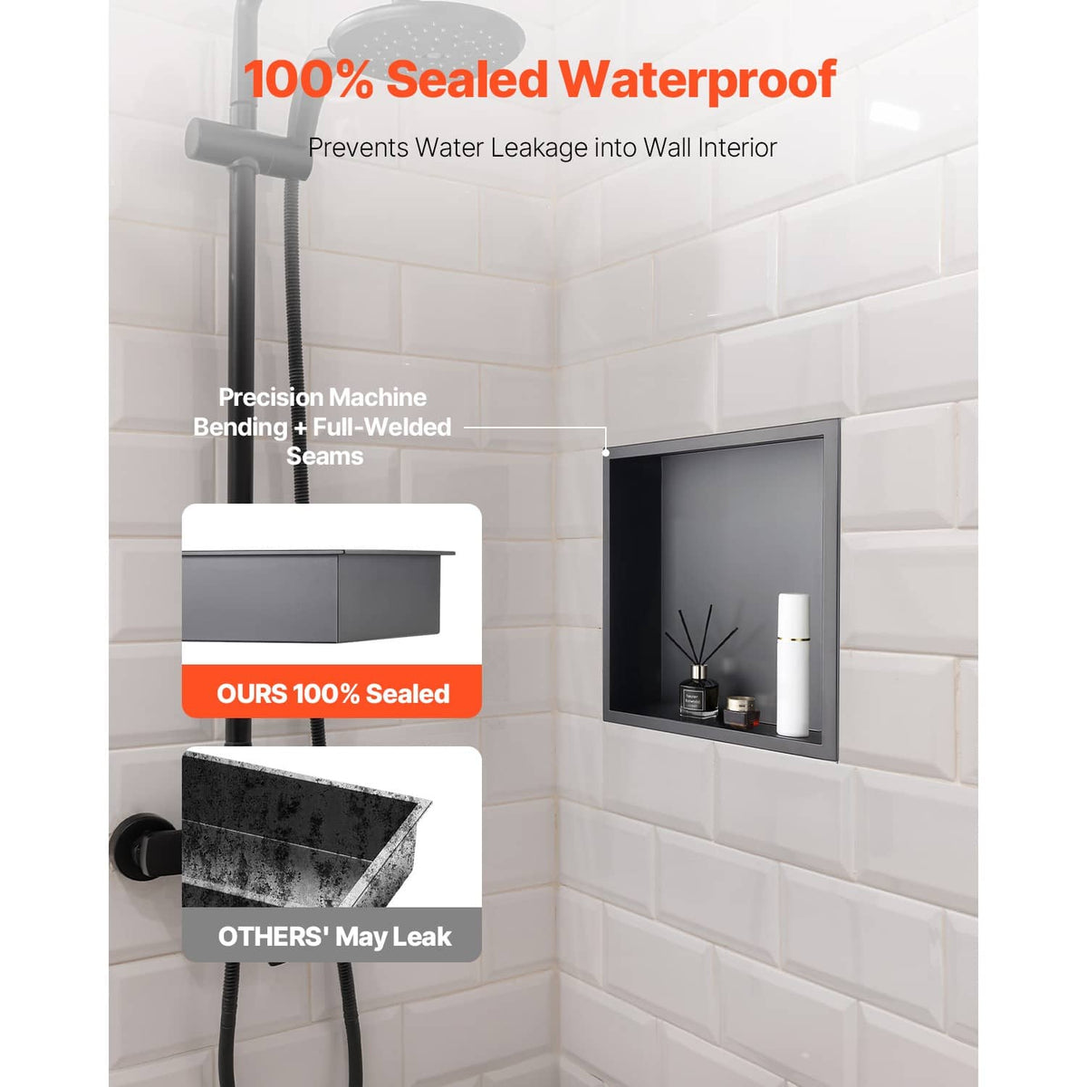 Black recessed shower shelf niche installed in tiled corner, holds bottles and jar