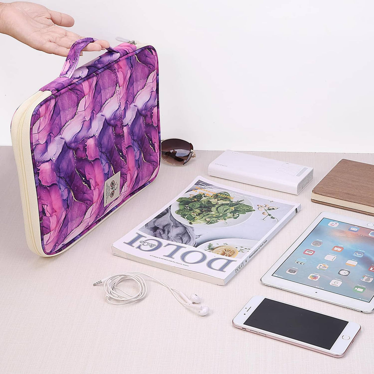Purple marble-pattern zip travel folio case open with documents and phone