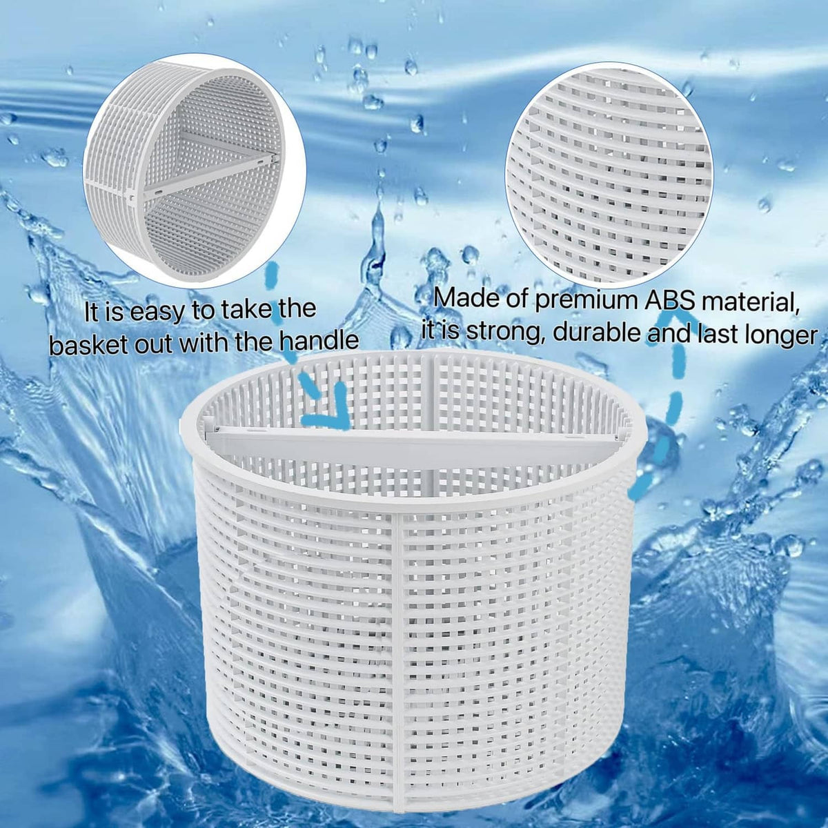 White round pool skimmer basket replacement with perforated mesh and side slot opening