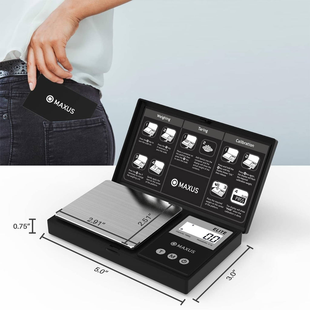 Matte black digital gram scale with gray platform and control panel for measuring