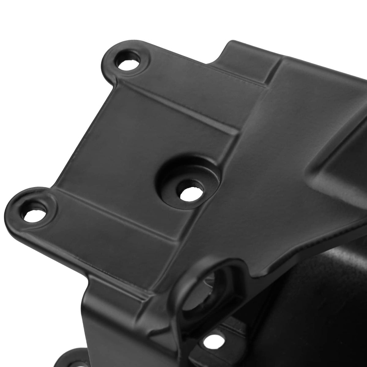 Close-up of black mounting plate for motorcycle fairing stay bracket with circular holes