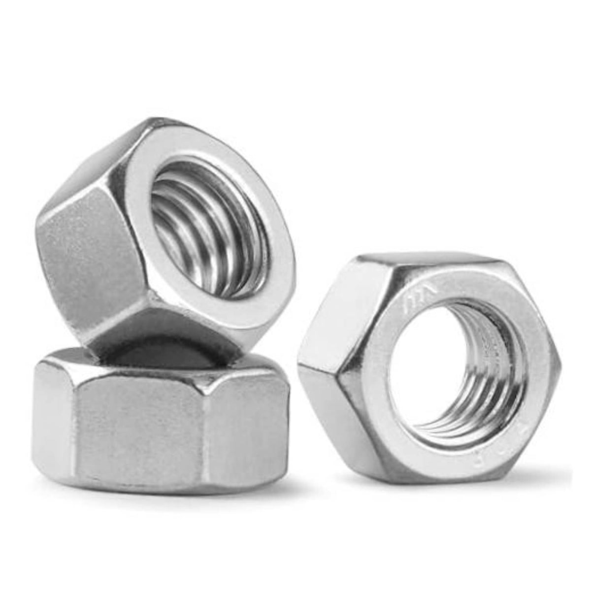 Stainless steel hex nuts, silver finish, close-up of threaded openings