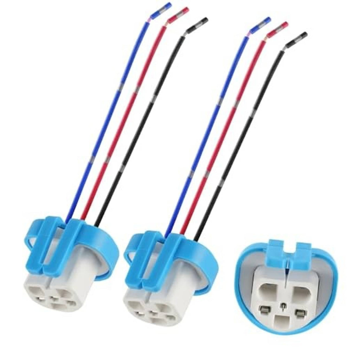 Pair of female wiring harness adapters with blue housings, three-color wires, and open connector plug.