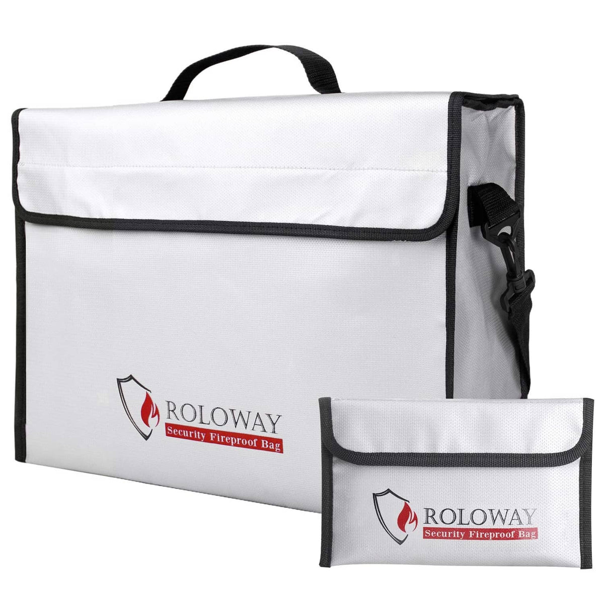 Large white fireproof document bag with black trim and side pocket