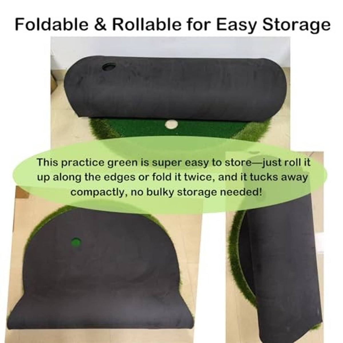 Foldable golf putting green mat rolled and folded for easy storage