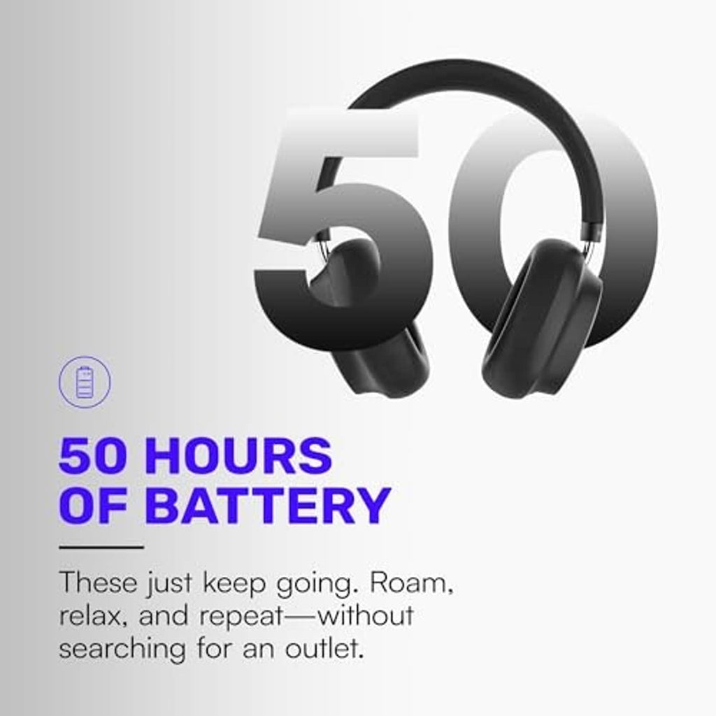 Black over-ear Bluetooth headphones, front angled view with padded earcups